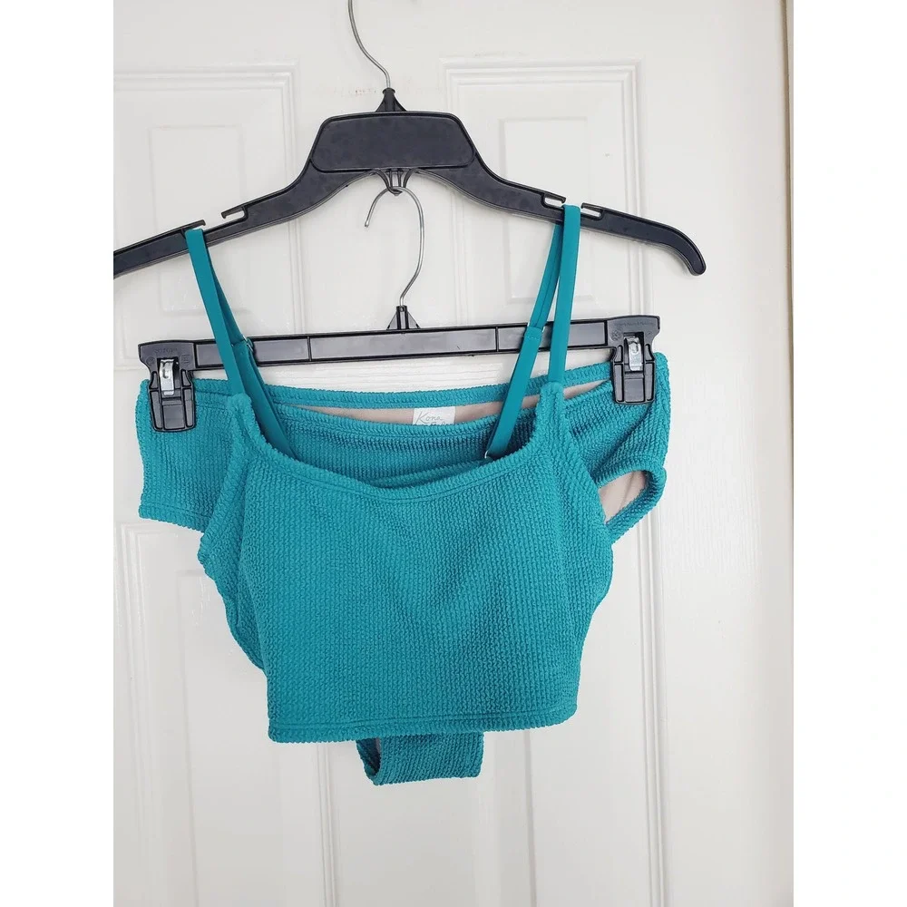 Bikini‎ Set Teal Textured Smocked High Waist Two Piece Swimsuit S/M